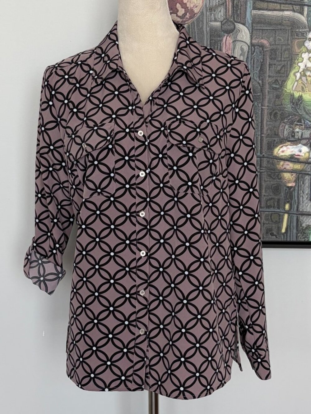 Notations Blush/Black Button-down Blouse M